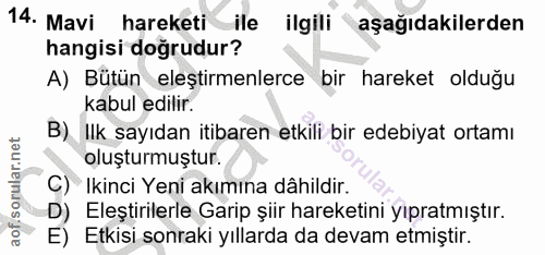 14. soru: Mavi hareketi ile ilgili aşağıdakilerden hangisi doğrudur? A) Bütün eleştirmenlerce bir hareket olduğu kabul edilir.…