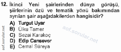 12. soru: İkinci Yeni sairlerinden dünya görüşü, şiirlerinin özü ve tematik yönü bakımından ayrılan şair aşağıdakilerden hangis…
