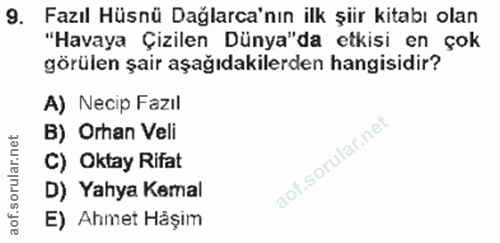 9. soru: Fazıl Hüsnü Dağlarca'nın ilk şiir kitabı olan "Havaya Çizilen Dünya"da etkisi en çok görülen şair aşağıdakilerden han…