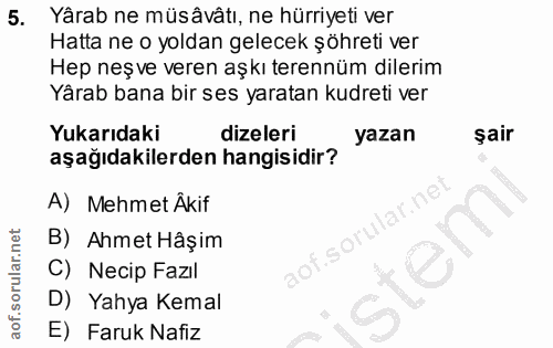 5. soru: Yârab ne müsâvâtı, ne hürriyeti ver Hatta ne o yoldan gelecek şöhreti ver Hep neş ve veren aşkı terennüm dilerim Yâra…