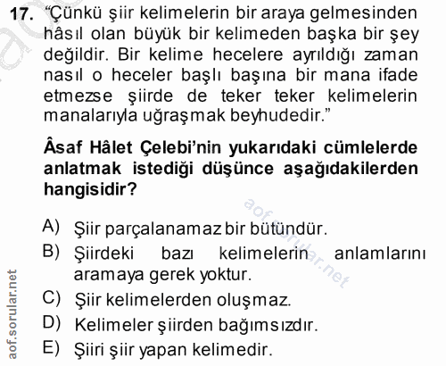 17. soru: Çünkü şiir kelimelerin bir araya gelmesinden hâsıl olan büyük bir kelimeden başka bir şey değildir. Bir kelime hecele…