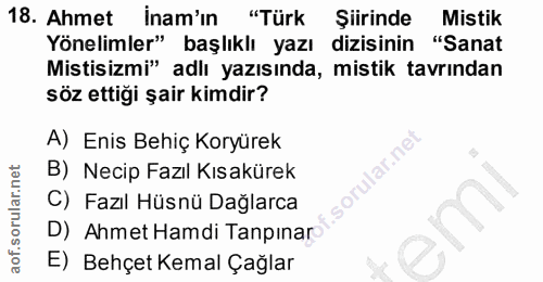 18. soru: Ahmet inam'ın "Türk Şiirinde Mistik Yönelimler" başlıklı yazı dizisinin "Sanat Mistisizmi" adlı yazısında, mistik tav…