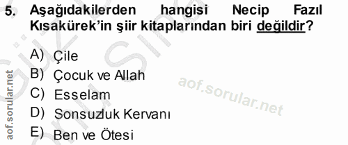 5. soru: Aşağıdakilerden hangisi Necip Fazıl Kısakürek'in şiir kitaplarından biri değildir? A) Çile B) Çocuk ve Allah C) Essel…