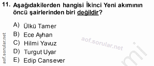 11. soru: Aşağıdakilerden hangisi İkinci Yeni akımının öncü şairlerinden biri değildir? A) Ülkü Tamer B) Ece Ayhan C) Hilmi Yav…