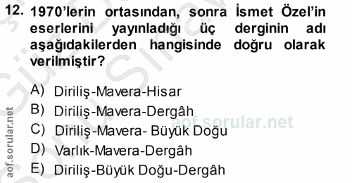 12. soru: 1970'lerin ortasından, sonra İsmet Özel'in eserlerini yayınladığı üç derginin adı aşağıdakilerden hangisinde doğru ol…