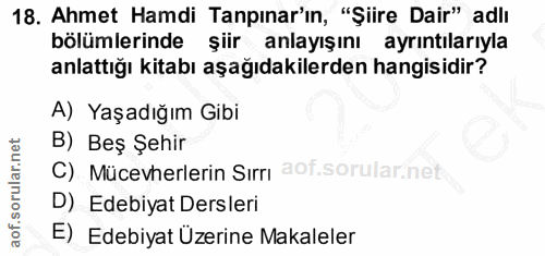 18. soru: Ahmet Hamdi Tapınar'ın, "Şiire Dair" adlı bölümlerinde şiir anlayışını ayrıntılarıyla anlattığı kitabı aşağıdakilerde…
