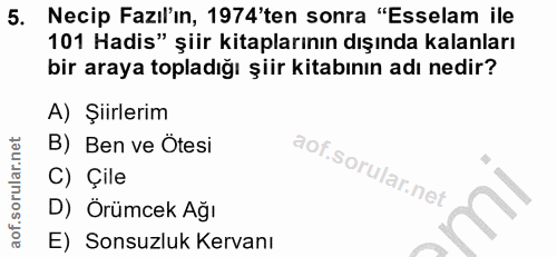 5. soru: Necip Fazıl'ın, 1974'ten sonra "Esselam ile 101 Hadis" şiir kitaplarının dışında kalanları bir araya topladığı şiir k…