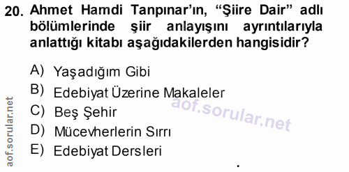 20. soru: Ahmet Hamdi Tapınar'ın, "Şiire Dair" adlı bölümlerinde şiir anlayışını ayrıntılarıyla anlattığı kitabı aşağıdakilerde…