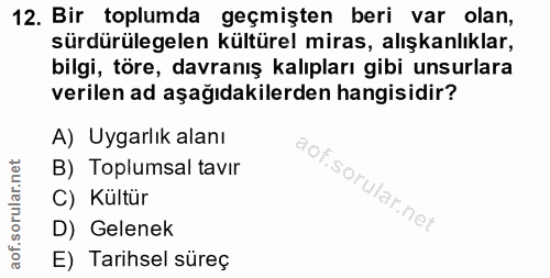 12. soru: Bir toplumda geçmişten beri var olan, sürdürülegelen kültürel miras, alışkanlıklar, bilgi, töre, davranış kalıpları g…