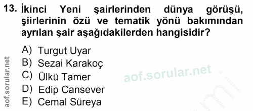 13. soru: İkinci Yeni şairlerinden dünya görüşü, şiirlerinin özü ve tematik yönü bakımından ayrılan şair aşağıdakilerden hangis…