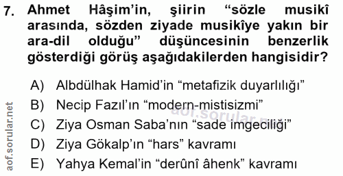 7. soru: Ahmet Hâşim'in, Siirin "sözle musiki arasında, sözden ziyade musikiye yakın bir ara-dil olduğu" düşüncesinin benzerli…