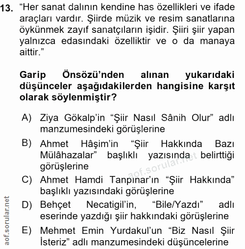 13. soru: "Her sanat dalının kendine has özellikleri ve ifade araçları vardır. Şiirde müzik ve resim sanatlarına öykünmek zayıf…