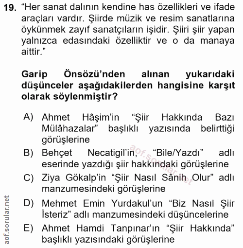 19. soru: "Her sanat dalının kendine has özellikleri ve ifade araçları vardır. Şiirde müzik ve resim sanatlarına öykünmek zayıf…