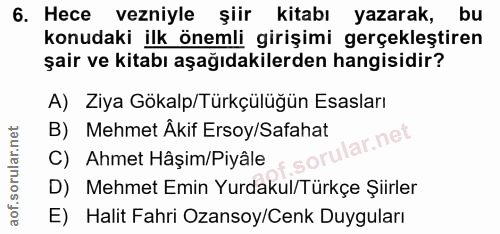 6. soru: Hece vezniyle şiir kitabı yazarak, bu konudaki ilk önemli girişimi gerçekleştiren şair ve kitabı aşağıdakilerden hang…