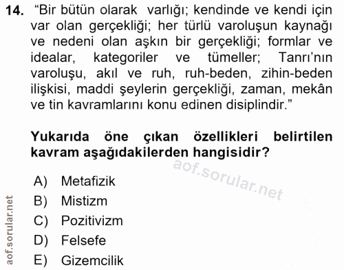 14. soru: "Bir bütün olarak varlığı; kendinde ve kendi için var olan gerçekliğı; her türlü varoluşun kaynağı ve nedeni olan aşk…