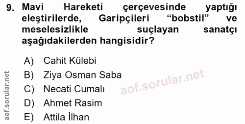 9. soru: Mavi Hareketi çerçevesinde yaptığı eleştirilerde, Garipçileri "bobstil" ve meselesizlikle suçlayan sanatçı aşağıdakil…