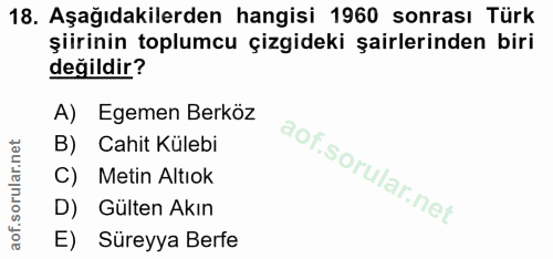 18. soru: Aşağıdakilerden hangisi 1960 sonrası Türk şiirinin toplumcu çizgideki şairlerinden biri değildir? A) Egemen Berköz B)…