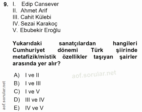9. soru: I. Edip Cansever Il. Ahmet Arif III. Cahit Külebi IV. Sezai Karakoç V. Ebubekir Eroğlu Yukarıdaki sanatçılardan hangi…