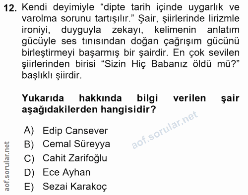 12. soru: Kendi deyimiyle "dipte tarih içinde uygarlık ve varolma sorunu tartışılır." Şair, şiirlerinde lirizmle ironiyi, duygu…