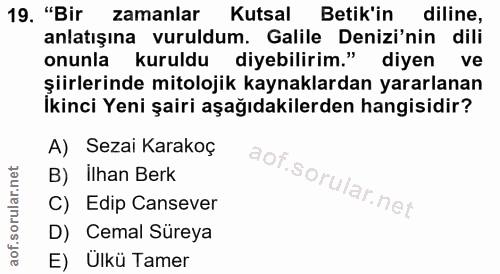 19. soru: "Bir zamanlar Kutsal Betk'in l diline, anlatışına vuruldum. Galile Denizi'nin dili onunla kuruldu diyebilirim." diyen…