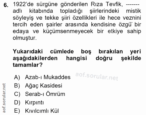 6. soru: 1922'de sürgüne gönderilen Rıza Tevfik, --- adlı kitabında topladığı şiirlerindeki mistik söyleyiş ve tekke şüri özel…