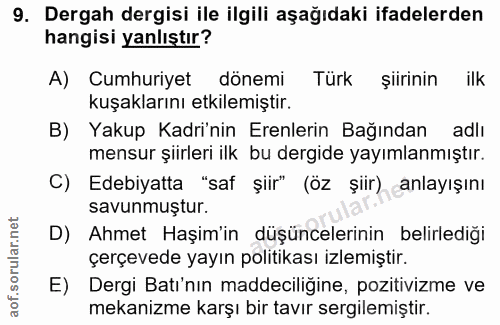 9. soru: Dergah dergisi ile ilgili aşağıdaki ifadelerden hangisi yanlıştır? A) Cumhuriyet dönemi Türk şiirinin ilk kuşaklarını…