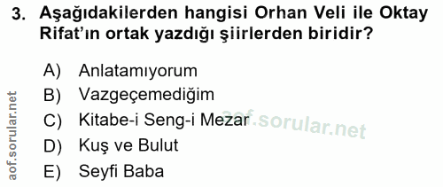 3. soru: Aşağıdakilerden hangisi Orhan Veli ile Oktay Rifat'ın ortak yazdığı şiirlerden biridir? A) Anlatamıyorum B) Vazgeçeme…