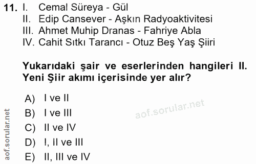 11. soru: I. Cemal Süreya - Gül II. Edip Cansever - Aşkın Radyoaktivitesi III. Ahmet Muhip Dranas - Fahriye Abla IV. Cahit Sıtk…