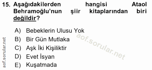 15. soru: Aşağıdakilerden hangisi Ataol Behramoğlu'nun şiir kitaplarından biri değildir? A) Bebeklerin Ulusu Yok B) Bir Gün Mut…