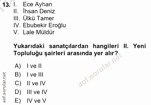 13. soru: I. Ece Ayhan Il. Ihsan Deniz III. Ülkü Tamer IV. Ebubekir Eroğlu V. Lale Müldür Yukarıdaki sanatçılardan hangileri Il…
