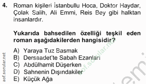 4. soru: Roman kişileri İstanbullu Hoca, Doktor Haydar, Çolak Salih, Ali Emmi, Reis Bey gibi halktan insanlardır. Yukarıda bah…
