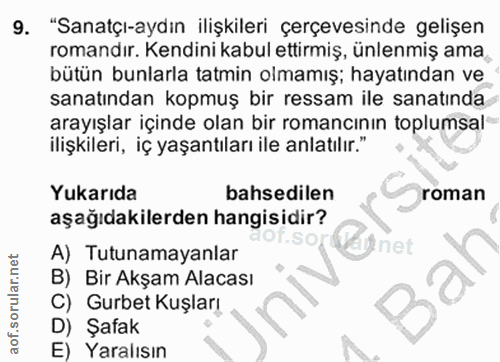 9. soru: "Sanatçı-aydın ilişkileri çerçevesinde gelişen romandır. Kendini kabul ettirmiş, ünlenmiş ama bütün bunlarla tatmin o…