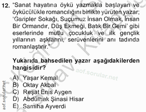 12. soru: "Sanat hayatına öykü yazmakla başlayan ve. öykücülükle romancılığını birlikte yürüten yazar; 'Garipler Sokağı, Suçumu…
