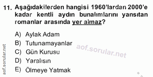 11. soru: Aşağıdakilerden hangisi 1960'lardan 2000'e kadar kentli aydın bunalımlarını yansıtan romanlar arasında yer almaz? A)…
