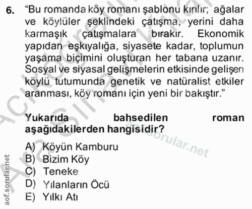 6. soru: "Bu romanda köy romanı şablonu kırılır, ağalar ve köylüler şeklindeki çatışma, yerini daha karmaşık çatışmalara bırak…