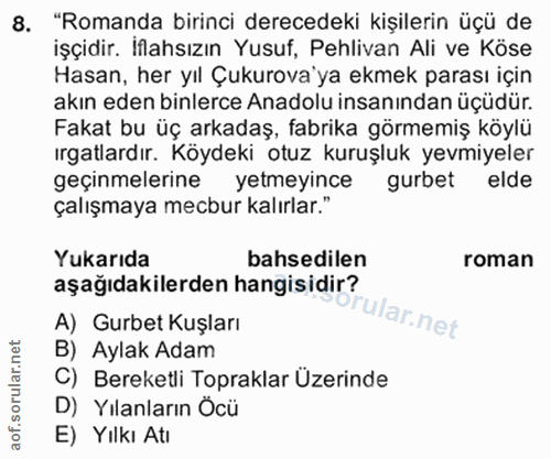 8. soru: "Romanda birinci derecedeki kişilerin üçü de işçidir. Mahsızın Yusuf, Pehlivan Ali ve Köse Hasan, her yıl Çukurova'ya…
