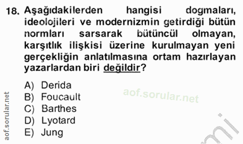 18. soru: Aşağıdakilerden hangisi dogmaları, ideolojileri ve modernizmin getirdiği bütün normları sarsarak bütüncül olmayan, ka…