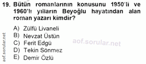 19. soru: Bütün romanlarının konusunu 1950'li ve 1960'lr yılların Beyoğlu hayatından alan roman yazarı kimdir? A) Zülfü Livanel…