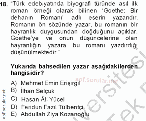 18. soru: "Türk edebiyatında biyografi türünde asıl ilk roman örneği olarak bilinen 'Goethe: Bir dehanın Romani' adlı eserin ya…
