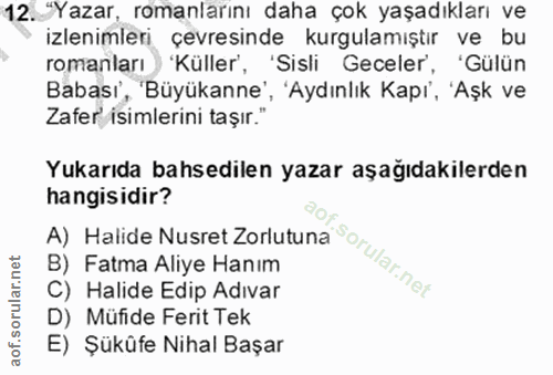 12. soru: "Yazar, romanlarını daha çok yaşadıkları ve izlenimleri çevresinde kurgulamıştır ve bu romanları) 'Küller', 'Sisli Ge…