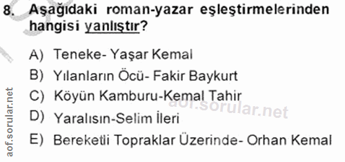 8. soru: Aşağıdaki roman-yazar eşleştirmelerinden hangisi yanlıştır? A) Teneke- Yaşar Kemal B) Yılanların Öcü- Fakir Baykurt C…