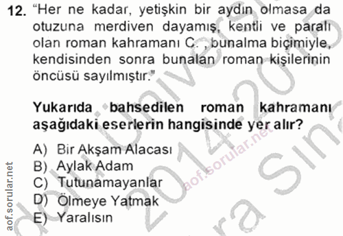 12. soru: "Her ne kadar, yetişkin bir aydın olmasa da otuzuna merdiven dayamış, kentli ve paralr olan roman kahramanı C. , buna…