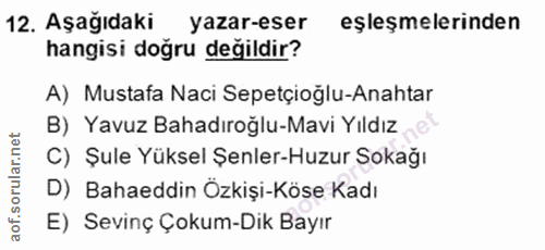 12. soru: Aşağıdaki yazar-eser eşleşmelerinden hangisi doğru değildir? A) Mustafa Naci Sepetçioğlu-Anahtar B) Yavuz Bahadıroğlu…