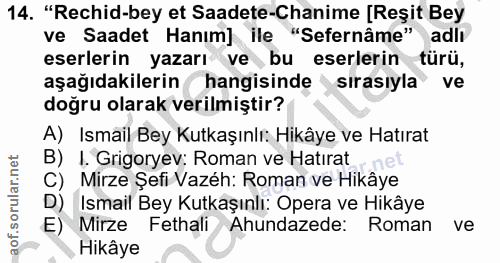 14. soru: "Rechid-bey et Saadete-Chanime [Reşit Bey ve Saadet Hanim] ile "Sefernâme" adlı eserlerin yazarı ve bu eserlerin türü…