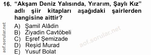16. soru: "Akşam Deniz Yalısında, Yırarım, Şaylı Kız" adlı şiir kitapları aşağıdaki şairlerden hangisine aittir? A) Şamil Alâdi…