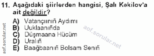 11. soru: Aşağıdaki şiirlerden hangisi, Şalı Kakilov'a ait değildir? zmi Vatançıınıñ Aydımı Uuklaanıñda C) Düşmaana Hücüm D) Ur…