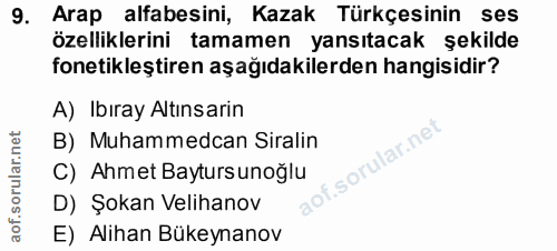 9. soru: Arap alfabesini, Kazak Türkçesinin ses özelliklerini tamamen yansıtacak şekilde fonetikleştiren aşağıdakilerden hangi…