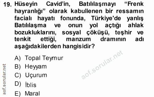 19. soru: Hüseyin Cavid'in, Batılılaşmayı "Frenk hayranlığı" olarak kabullenen bir ressamın facialı hayatı fonunda, Türkiye'de…