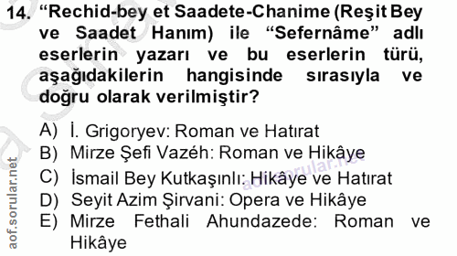 14. soru: "Rechid-bey et Saadete-Chanime (Reșit Bey ve Saadet Hanim) ile "Sefernâme" adlı eserlerin yazarı ve bu eserlerin türü…