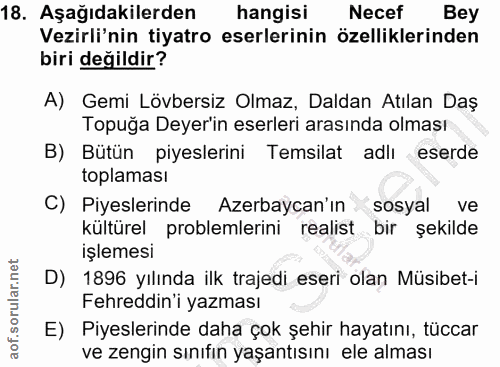 18. soru: Aşağıdakilerden hangisi Necef Bey Vezirli'nin tiyatro eserlerinin özelliklerinden biri değildir? A) Gemi Lövbersiz Ol…